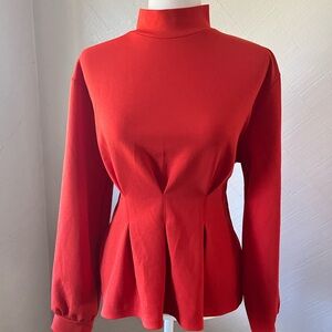 H&M Red Mock Neck Pleated Long Sleeve Top